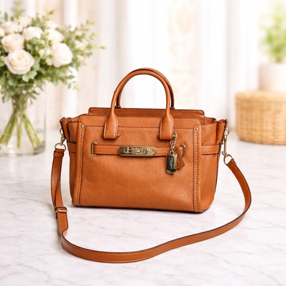 Coach Swagger 27 Carryall‎ Saddle Tan Pebbled Leather Satchel Bag 34816